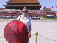 Jane outside the Forbidden City on a very hot summers day