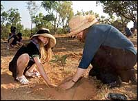 Adult and child planting tree